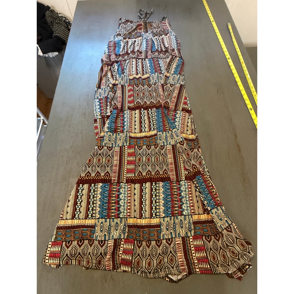 Boho Geometric Tribal Print Halter Maxi Dress Sleeveless Elastic Waist Multi